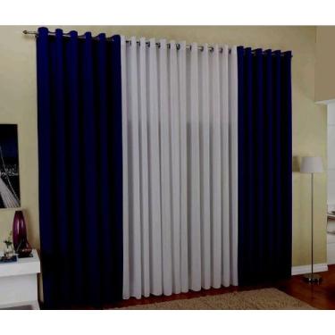 Imagem de Cortina Para Sala Bicolor Rústica  4,00x2,50 Azul Marinho E Branca - A