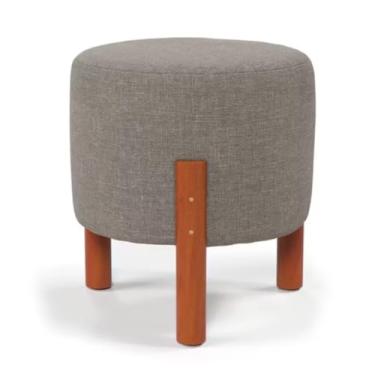 Imagem de Banqueta Estofada Redonda com Pés de Madeira, Tecido Cinza, Estilo Moderno