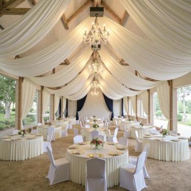 Imagem de Cortinas de teto marfim de 3,5 m × 10 m para festas de casamento, 2 painéis de 1,8 m x 10 m, cortina de teto creme, sem rugas, fácil de drapear, pendurar e pendurar cortina marfim para eventos, igreja