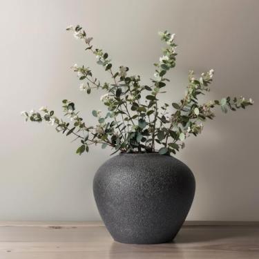 Imagem de Vaso de flores de cerâmica preto fosco de 17,5 cm, vaso de terracota rústico alto para grama de pampa e ramos - Vaso de piso minimalista envelhecido para decoração de casa para sala de estar, entrada