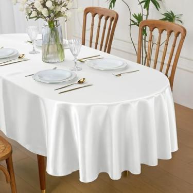Imagem de Cobedzy Toalha de mesa oval de cetim branco 152 x 250 cm lavável para uso interno/externo, capa de mesa de tecido resistente a manchas para fazenda, jantar, cozinha, casamento, banquete, festa