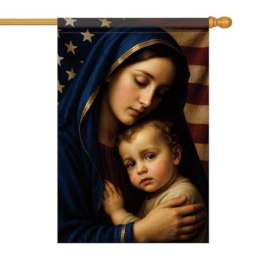 Imagem de Starlit Patio Bandeira de casa cristã 71 x 101 cm bandeira de jardim virgem maria e criança bandeira dupla face mãe e bebê Jesus bandeira dos EUA fundo quintal exterior varanda ração religiosa casa