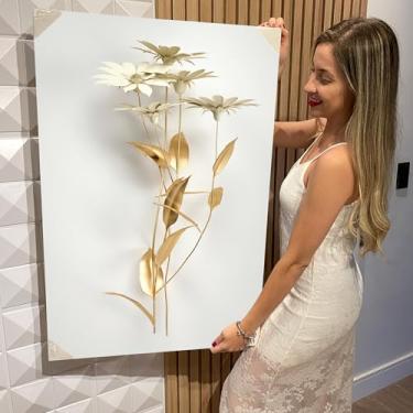 Imagem de Quadro Decorativo Canvas Flores Brancas e Douradas Vertical (CAN1219)