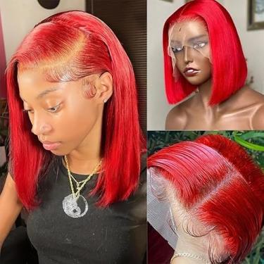Imagem de Peruca frontal de cabelo humano liso HD transparente 13 x 4 perucas de cabelo humano sem cola, cabelo humano pré-arrancado com cabelo de bebê, corte sem corte, vermelho quente e curto, peruca para