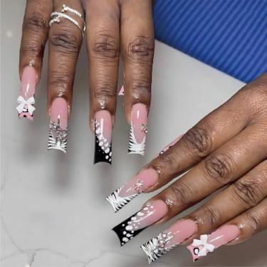 Imagem de Unhas postiças quadradas de pressão longa, unhas postiças rosa, unhas artificiais francesas com desenhos de laço branco 3D, prensas de unhas de acrílico, pretas, para mulheres, 24 peças