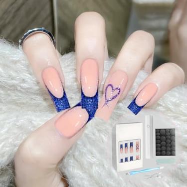 Imagem de Pregos de ponta francesa com 24 peças – ponta francesa com glitter azul, unhas postiças quadradas médias longas com cola sólida, luminária de unhas e ferramentas de manicure para uso diário