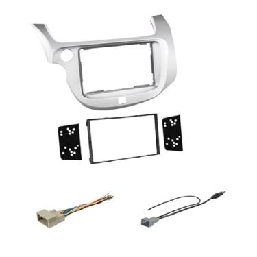 Imagem de Kit de painel de instalação estéreo de carro duplo DIN prateado, chicote de fios e combo de adaptador de antena de rádio AM/FM - Feito para Honda Fit 2009-2013