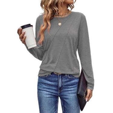 Imagem de Camiseta feminina EVALESS, manga comprida, folgada, cinza, tamanho M