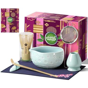 Imagem de AANQQ Conjunto de batedor Matcha: Conjunto de 7 peças Matcha Kit de batedor e tigela - 538.6 g/560ml Tigela Matcha de cerâmica com bico - Matcha Starter Making Kit Cerimônia Presente para amantes de