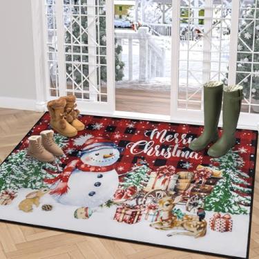 Imagem de U'Artlines Tapete de porta da frente de Natal, 81 cm × 121 cm vintage inverno vermelho e preto xadrez resistente à sujeira, tapete interno antiderrapante de baixo perfil tapetes de entrada laváveis