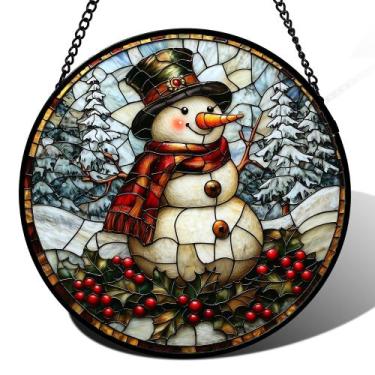 Imagem de Janela de vitral pendurada JOSUMALY Christmas Snowman