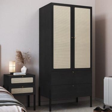 Imagem de Conjunto Guarda Roupa 2 Portas 2 Gavetas e Mesa de Cabeceira 2 Gavetas Palhinha Pé Madeira Oslo Nero/Preto