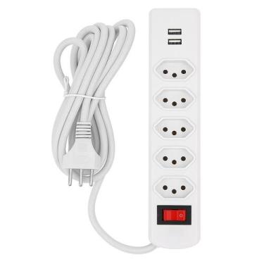 Imagem de Extensão 5 Tomadas Filtro De Linha Com 2 USB 2 Metros Compacto Fio Gro