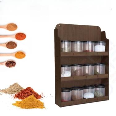 Imagem de Prateleira Porta Condimentos Suporte Em Madeira Porta Tempero de Parede 12 Potes de Plástico(GRANDE (COM 12 POTES) Marrom)