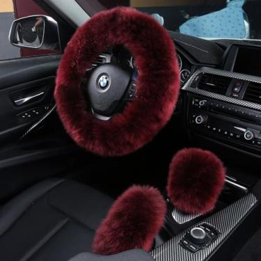 Imagem de Conjunto de 3 peças de capa de volante de carro macia de pele de lã felpuda com capa de freio de mão e capa de câmbio de marchas para mulheres/meninas/acessórios de lã longa automotiva, vermelho