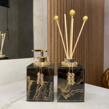 Imagem de Saboneteira e Aromatizador Efeito Mármore 250ml - Porta Sabonete Liquido Decorativo (Preto e Dourado,Sem Colar)