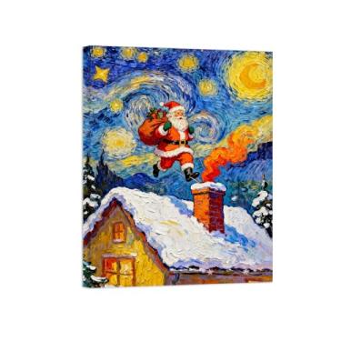 Imagem de Pinturas em tela Natal-Quadros Decoração de Parede-Telhado Noite Estrelada-Inverno Paisagens Impressões para Sala de Estar 60x80cm Tela Embrulhada