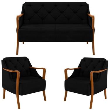 Imagem de Kit Namoradeira 135cm E 2 Poltronas Decorativas Capitonê Lapa M22 Veludo Preto - Mpozenato