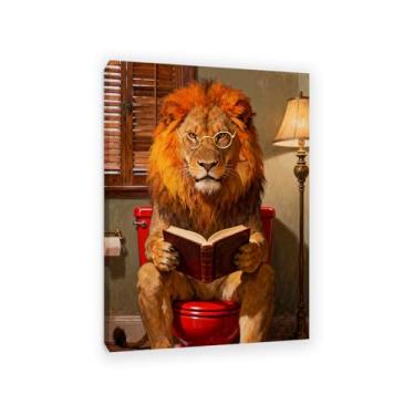Imagem de Arte de parede de animal de banho emoldurada leão lendo no vaso sanitário decoração de parede apontando atrás do vaso sanitário impressão em tela decoração de casa 70 x 50 cm (71.1x50.8 cm) moldura