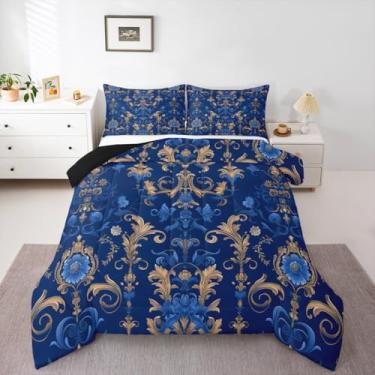 Imagem de Erosebridal Conjunto de cama de damasco barroco, azul, dourado, vintage, floral, floral, boêmio, exótico, luxuoso, jacquard damasco, edredom antigo, estilo vitoriano