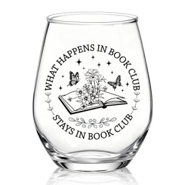 Imagem de XQLZY What Happens In Book Club Stays In Book Club Taça de vinho sem haste, presentes engraçados de taça de vinho de leitura para senhora leitora, presentes de aniversário de Natal e Ação de Graças