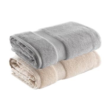 Imagem de Jogo de Toalhas Ele/Ela Super Soft Zero Twist Banhão 80x150cm 500g/m², 97% Algodão 3% Poliéster, Toque Macio, Alta Absorção e Design Sofisticado – Altihaus (Bege/Cinza)