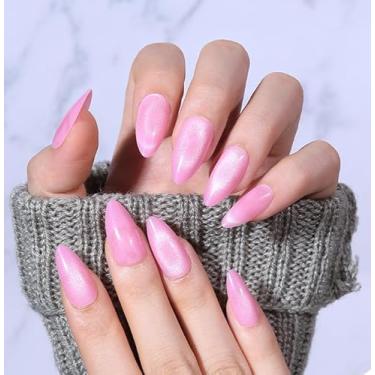 Imagem de 30 peças de unhas de pressão de amêndoas médias com ponta francesa com purpurina, cobertura completa, cola em bastão de unha para mulheres (nº 12 Rosa)