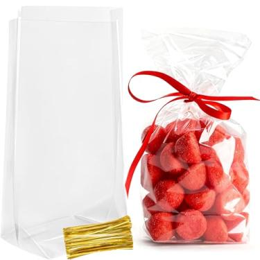 Imagem de Ohuimrt Sacos de reforço inferior de 15 x 22 x 6 cm, pacote com 100 sacos de guloseimas transparentes de celofane, embalagem de presente de plástico com laços para lembrancinhas de festa, lanches,