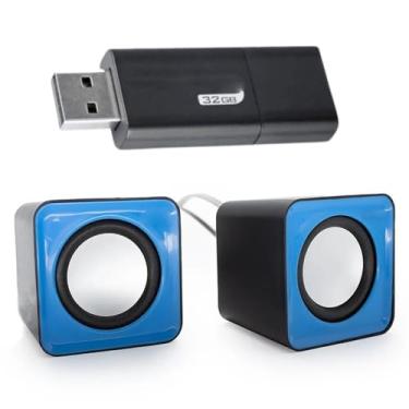 Imagem de Kit Mini Alto-Falante Azul + Pen Drive 32gb Retrátil Compacto Em Metal