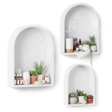 Imagem de Threehoney Conjunto de 3 prateleiras de parede arqueadas 24 x 19 cm de madeira, prateleiras de armazenamento para exibição profunda, prateleiras flutuantes para casa, escritório, minifiguras, vasos de