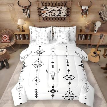 Imagem de Erosebridal Jogo de cama de casal e edredom ocidental | Conjunto de cama boêmio com 7 peças geométrico asteca de vaca montanhosa asteca em uma bolsa, conjunto de cama rústica de fazenda, branco