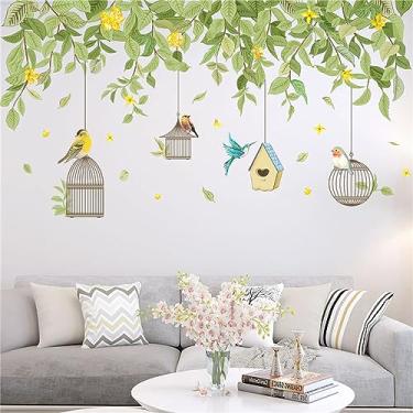 Imagem de WOHAHA Adesivos de parede pendurados com flor verde vinha gaiola de pássaro contorno linha superior decalques de parede para casa decoração descascar e colar murais de arte de parede removíveis sala
