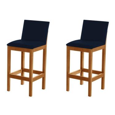 Imagem de Kit 2 Banquetas Alta Luxo Pérola Com Encosto Estofada Em Veludo Azul Petróleo Madeira Maciça Castanh