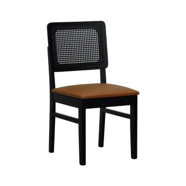 Imagem de Cadeira Lyon Madeira Maciça Encosto Telinha - Preto Assento Estofado Corano Caramelo