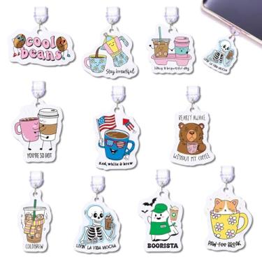 Imagem de Pacote com 10 pingentes de citação de café para e-reader Kindle plugue de poeira acessórios compatíveis com tablets Kindle, telefone, iPad tipo C, porta de carregamento, presente para amantes de