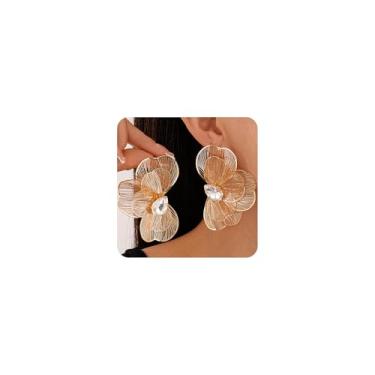 Imagem de Brincos de flor de cristal grandes dourados, vintage, grande, folha de ginkgo, brincos de prata para mulheres, joias florais de strass, acessórios hippie, Large, Zinco, Sem pedra preciosa