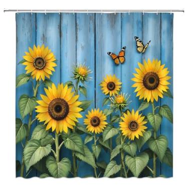 Imagem de Cortina de chuveiro de girassol, flor rústica, borboleta de madeira, floral, azul, amarelo, verde, poliéster, cortina de banheiro com 12 ganchos, decoração de casa de banheira, 177 x 177 cm