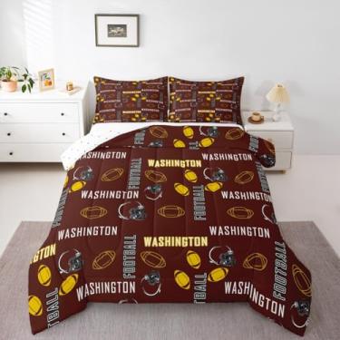 Imagem de jejeloiu Jogo de cama solteiro de futebol americano, Washington, para decoração de quarto de meninos, meninas, adolescentes, marrom, amarelo, respirável, microfibra leve