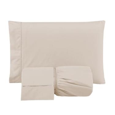 Imagem de Jogo de Lençol Casal Queen 3 Peças Micropercal 300 Fios 188x138cm Lençol com Elástico e Fronhas Bordadas em Ponto Palito (Versátil Simples/Cáqui)