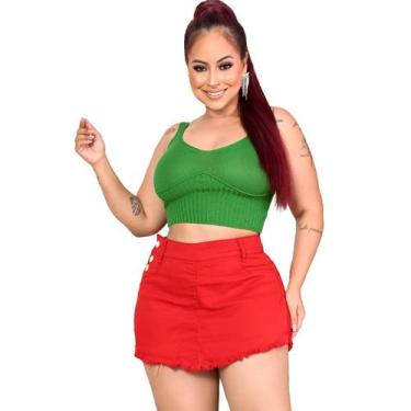Imagem de Saia-shorts Jeans Feminino Cintura Alta basico vermelho - Deboche, Ver