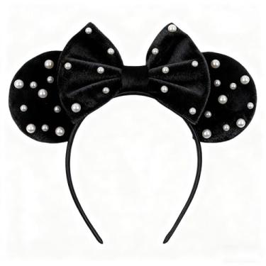 Imagem de Bandanas de orelha de rato para mulheres, laço preto, pérola, mouse, faixa de veludo, acessórios de cabelo para festas de Natal, aniversários (preto)