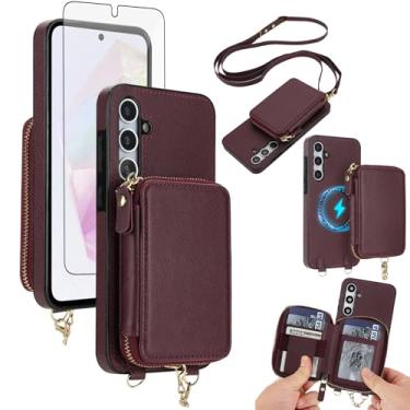Imagem de Capa de telefone para Samsung Galaxy A15 5G/4G carteira com zíper e protetor de tela, alça transversal 2 em 1 magnético destacável MagSafe bloqueio RFID Flip A 15 G5 15A feminino masculino vinho tinto