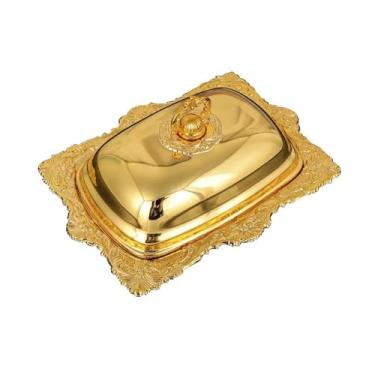 Imagem de Manteigueira Manteigueira de metal com tampa, prato interno de vidro, suporte para queijo francês dourado, recipiente para armazenamento de manteiga, lavável na máquina de lavar louça, organizador
