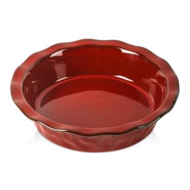 Imagem de vicrays Forma de torta de cerâmica para assar – Prato de torta de 23 cm, redondo, canelado e profundo para torta, pizza, torta de maçã, quiche, tortas de panela, bolo – esmalte reativo (vermelho
