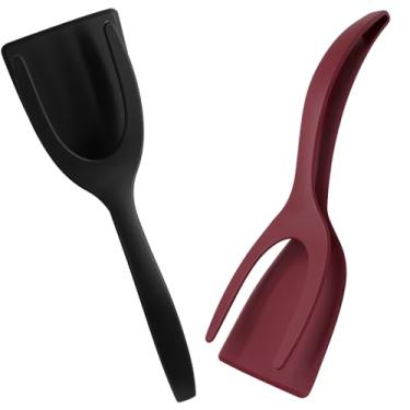 Imagem de LifCratms 2 peças 2 em 1 pinças de espátula, espátula multiuso com revestimento antiaderente para panqueca, quesadillas, omeletes, sanduíches, bifes, cozinhar (preto e vermelho)