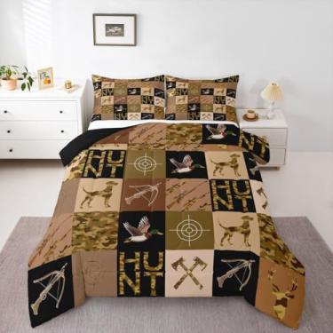 Imagem de Feelyou Conjunto de edredom de caçador de pato selvagem, tamanho casal, para meninos, adolescentes e crianças, com tema de caça ao pato e veado, camuflado, retrô, para decoração de quarto