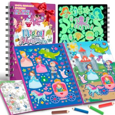 Imagem de Livro de adesivos de aventura princesa para meninas de 4 a 8 anos – 519 adesivos reutilizáveis e 4 páginas que brilham no escuro – livro de atividades de viagem e colorir para crianças, brinquedo de