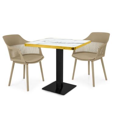 Imagem de Conjunto Mesa De Jantar Quadrada Venezia 70x70cm Branca Com 2 Cadeiras Estofadas Marcela - Nude Escuro
