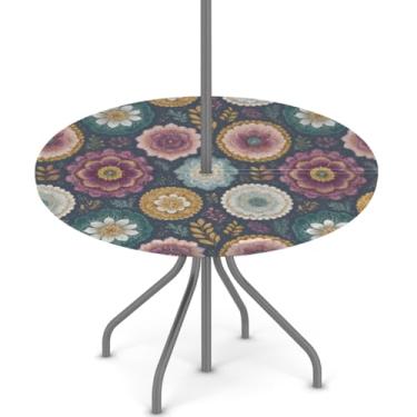 Imagem de Toalha de mesa para uso ao ar livre com orifício para guarda-chuva, toalha de mesa floral floral de mandala com zíper oculto, capa de mesa elástica para piquenique primavera verão capa de mesa de