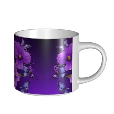 Imagem de ZERAOKE Borboletas de flores - Caneca grande de cerâmica impressa para café, capacidade grande para escritório e casa, pode ser lavada na lava-louças, design com alça em C.